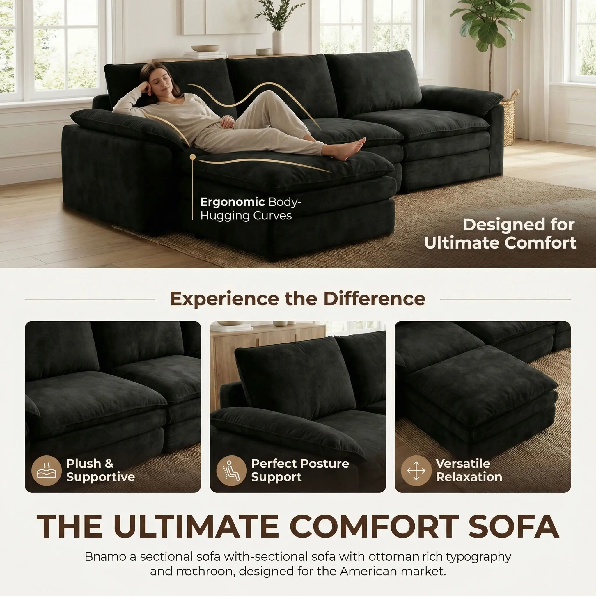 118 Inches L-Shaped Chenille Cloud Lazy Sofa, Black Oversized Deep Seat Modular Sectional Couch with Chaise Lounge, Ultra Soft Cat Scratch Resistant Chenille Fabric, No Assembly Low Maintenance Extra Comfort Large Sofa, Universal Furniture for Living Room