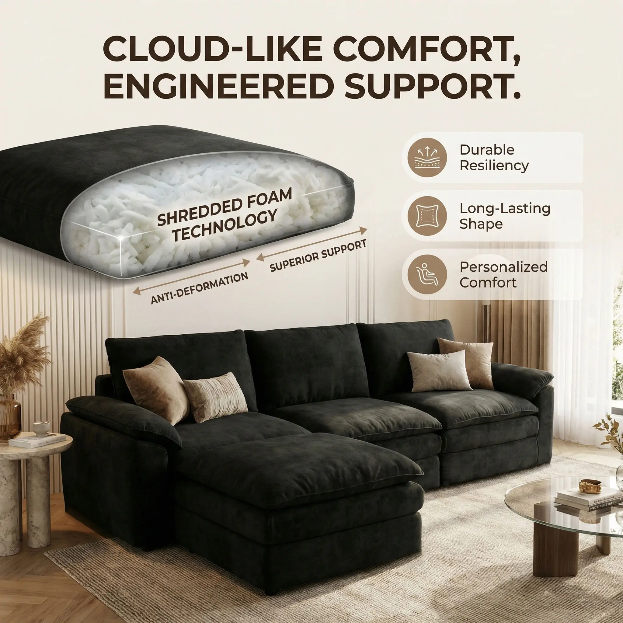 118 Inches L-Shaped Chenille Cloud Lazy Sofa, Black Oversized Deep Seat Modular Sectional Couch with Chaise Lounge, Ultra Soft Cat Scratch Resistant Chenille Fabric, No Assembly Low Maintenance Extra Comfort Large Sofa, Universal Furniture for Living Room