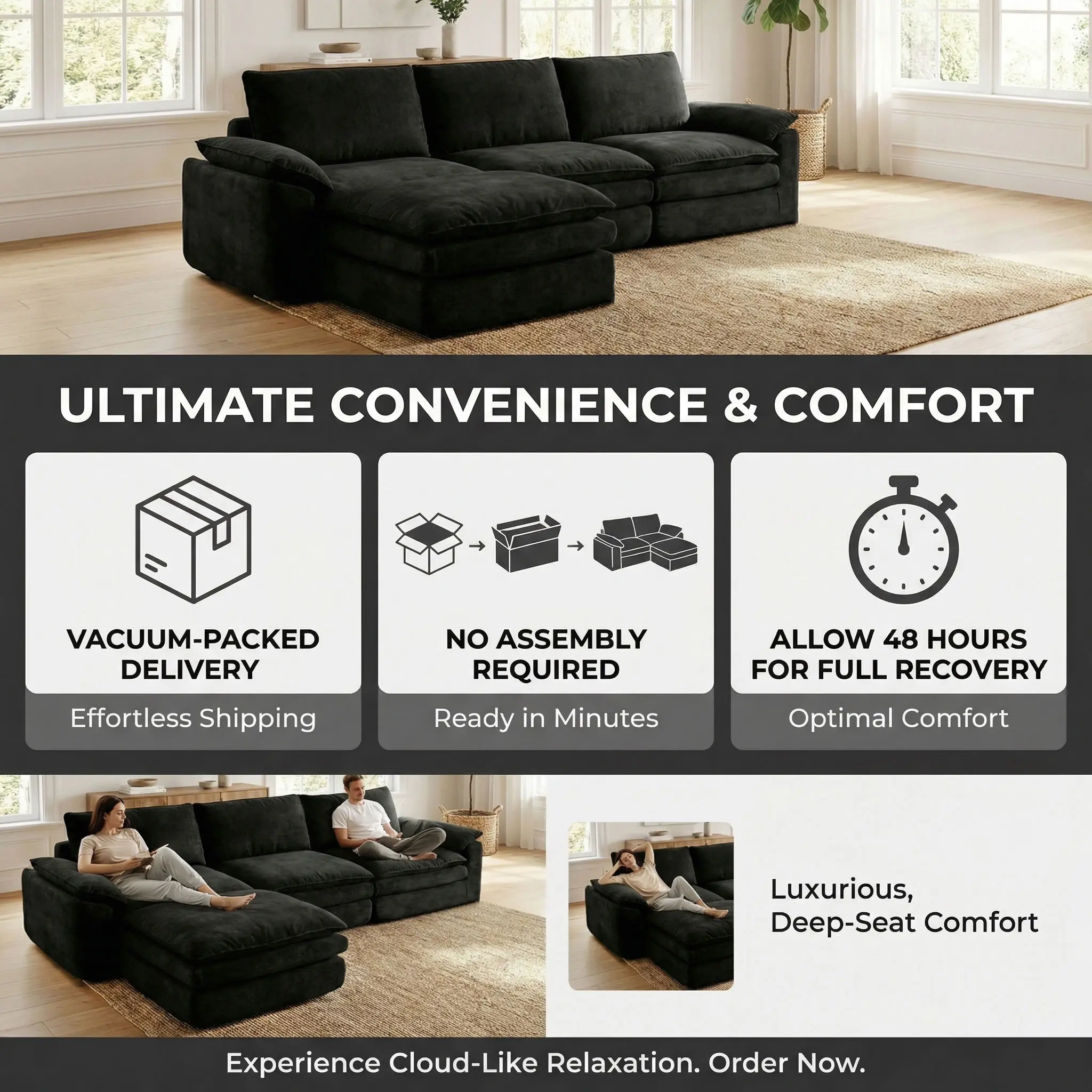118 Inches L-Shaped Chenille Cloud Lazy Sofa, Black Oversized Deep Seat Modular Sectional Couch with Chaise Lounge, Ultra Soft Cat Scratch Resistant Chenille Fabric, No Assembly Low Maintenance Extra Comfort Large Sofa, Universal Furniture for Living Room