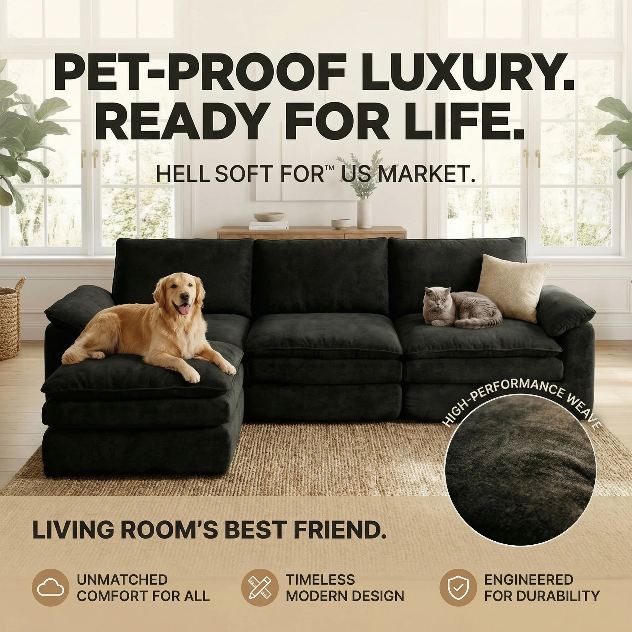 118 Inches L-Shaped Chenille Cloud Lazy Sofa, Black Oversized Deep Seat Modular Sectional Couch with Chaise Lounge, Ultra Soft Cat Scratch Resistant Chenille Fabric, No Assembly Low Maintenance Extra Comfort Large Sofa, Universal Furniture for Living Room