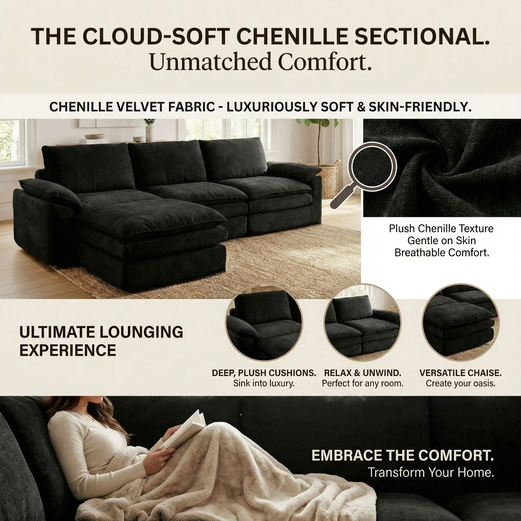 118 Inches L-Shaped Chenille Cloud Lazy Sofa, Black Oversized Deep Seat Modular Sectional Couch with Chaise Lounge, Ultra Soft Cat Scratch Resistant Chenille Fabric, No Assembly Low Maintenance Extra Comfort Large Sofa, Universal Furniture for Living Room