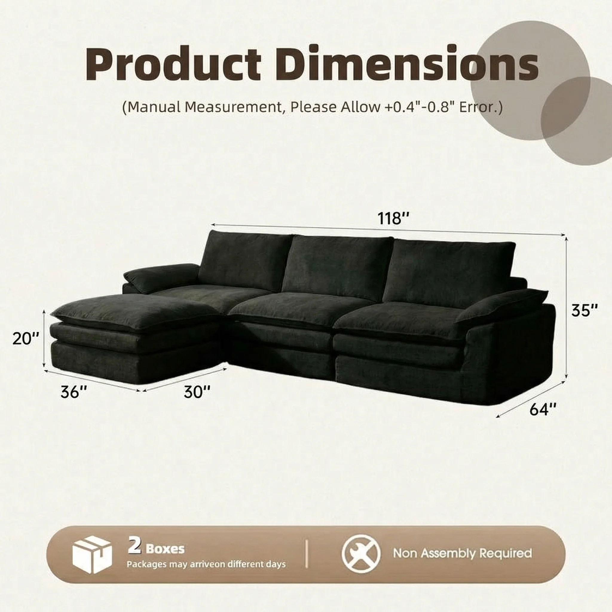 118 Inches L-Shaped Chenille Cloud Lazy Sofa, Black Oversized Deep Seat Modular Sectional Couch with Chaise Lounge, Ultra Soft Cat Scratch Resistant Chenille Fabric, No Assembly Low Maintenance Extra Comfort Large Sofa, Universal Furniture for Living Room