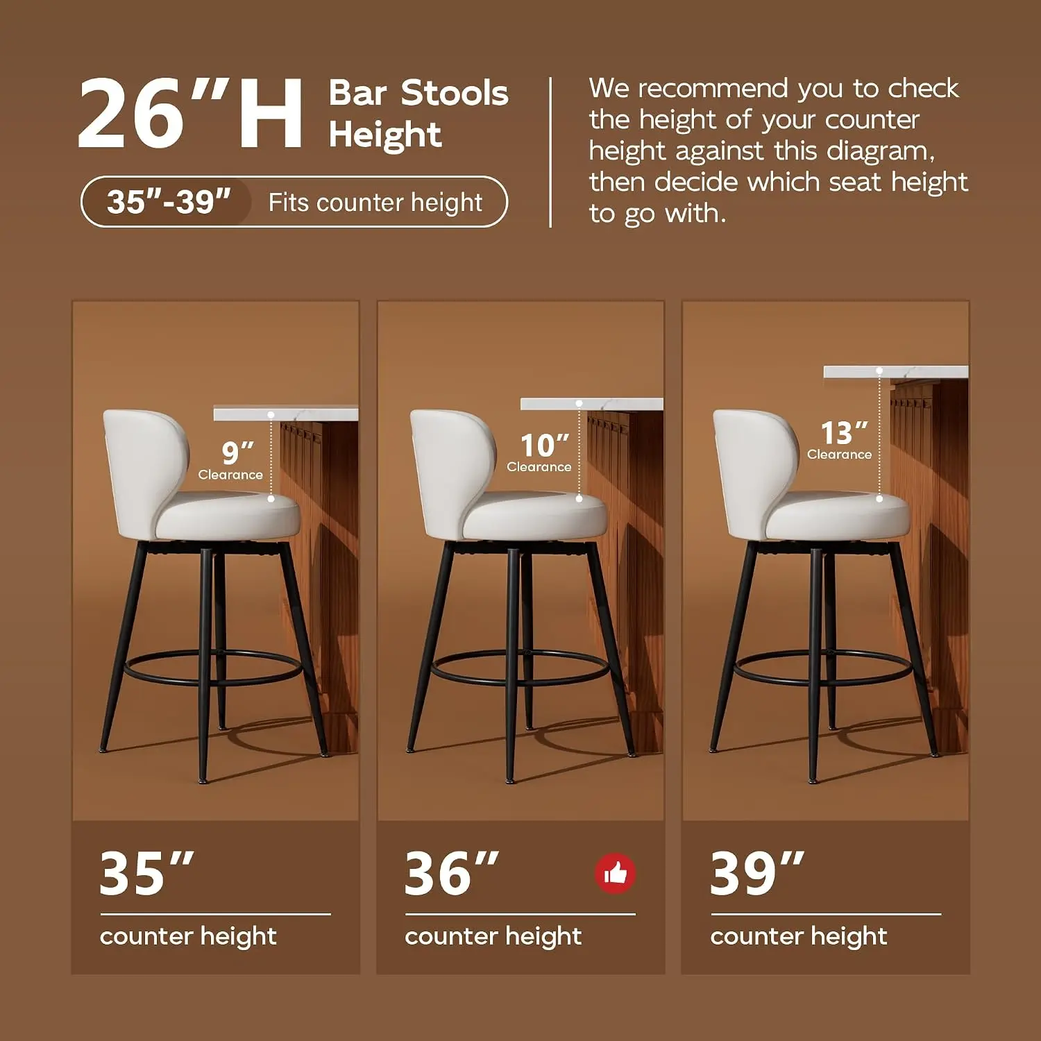26" White Bar Stools Set of 2, Swivel Kitchen Island Chairs, Upholstered Winged Backrest, 360° Silent Swivel, 350lbs Capacity, Fits 35"-39" Bars