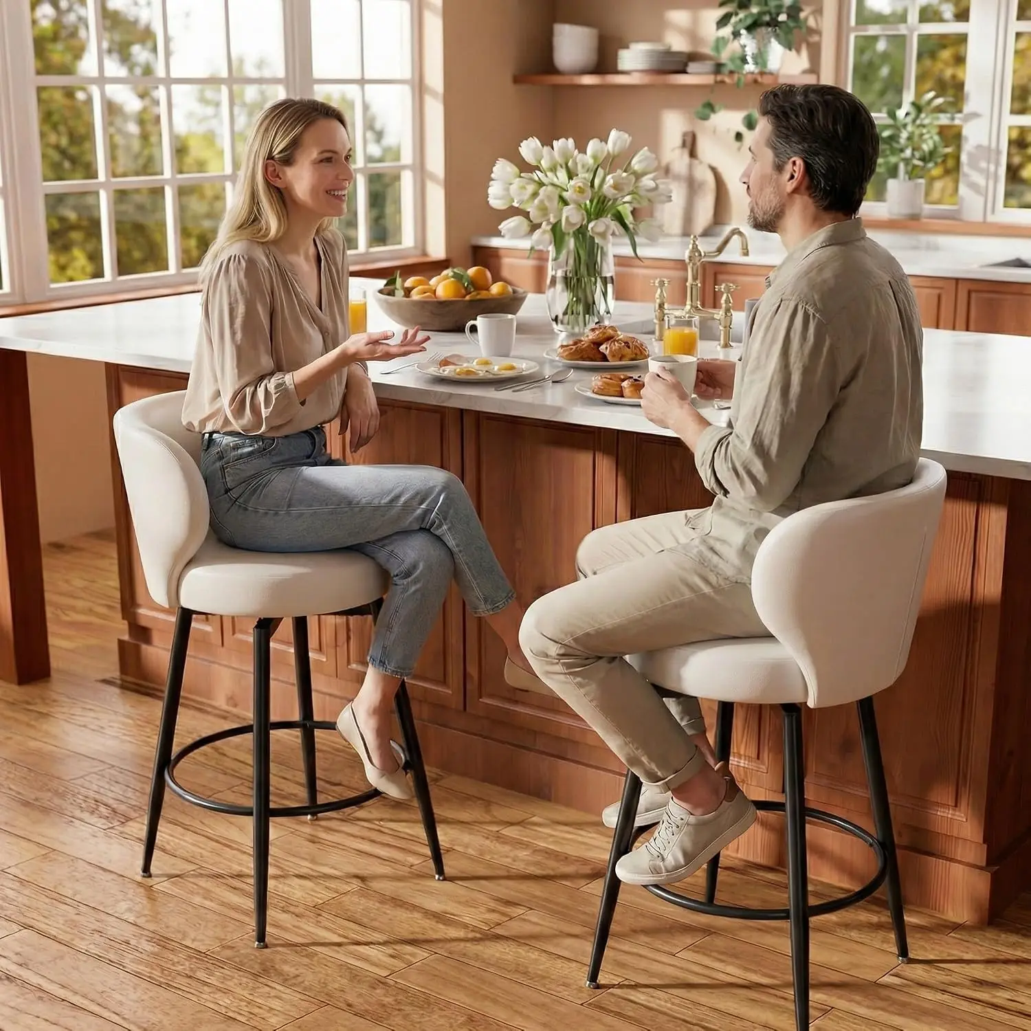 26" White Bar Stools Set of 2, Swivel Kitchen Island Chairs, Upholstered Winged Backrest, 360° Silent Swivel, 350lbs Capacity, Fits 35"-39" Bars