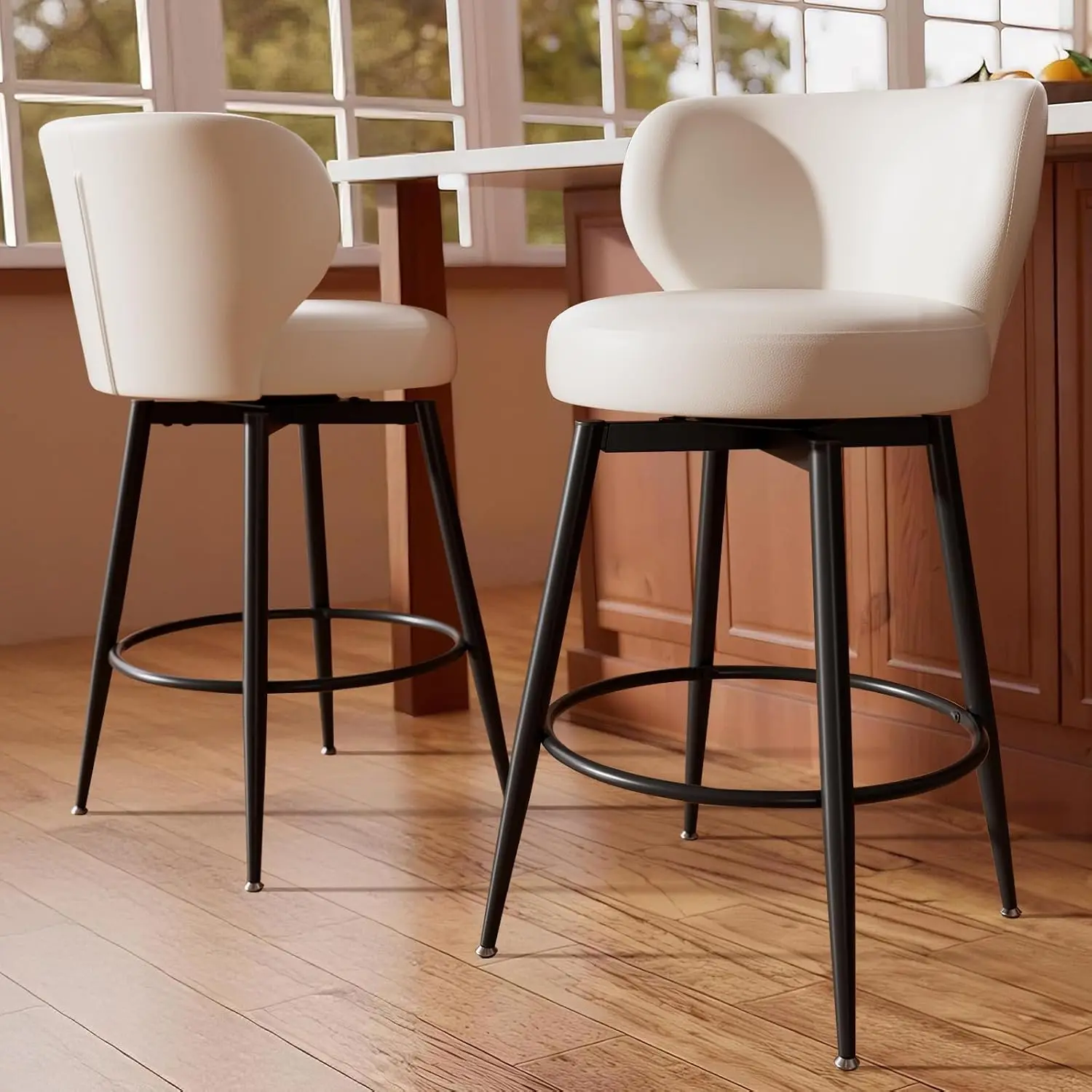 26" White Bar Stools Set of 2, Swivel Kitchen Island Chairs, Upholstered Winged Backrest, 360° Silent Swivel, 350lbs Capacity, Fits 35"-39" Bars
