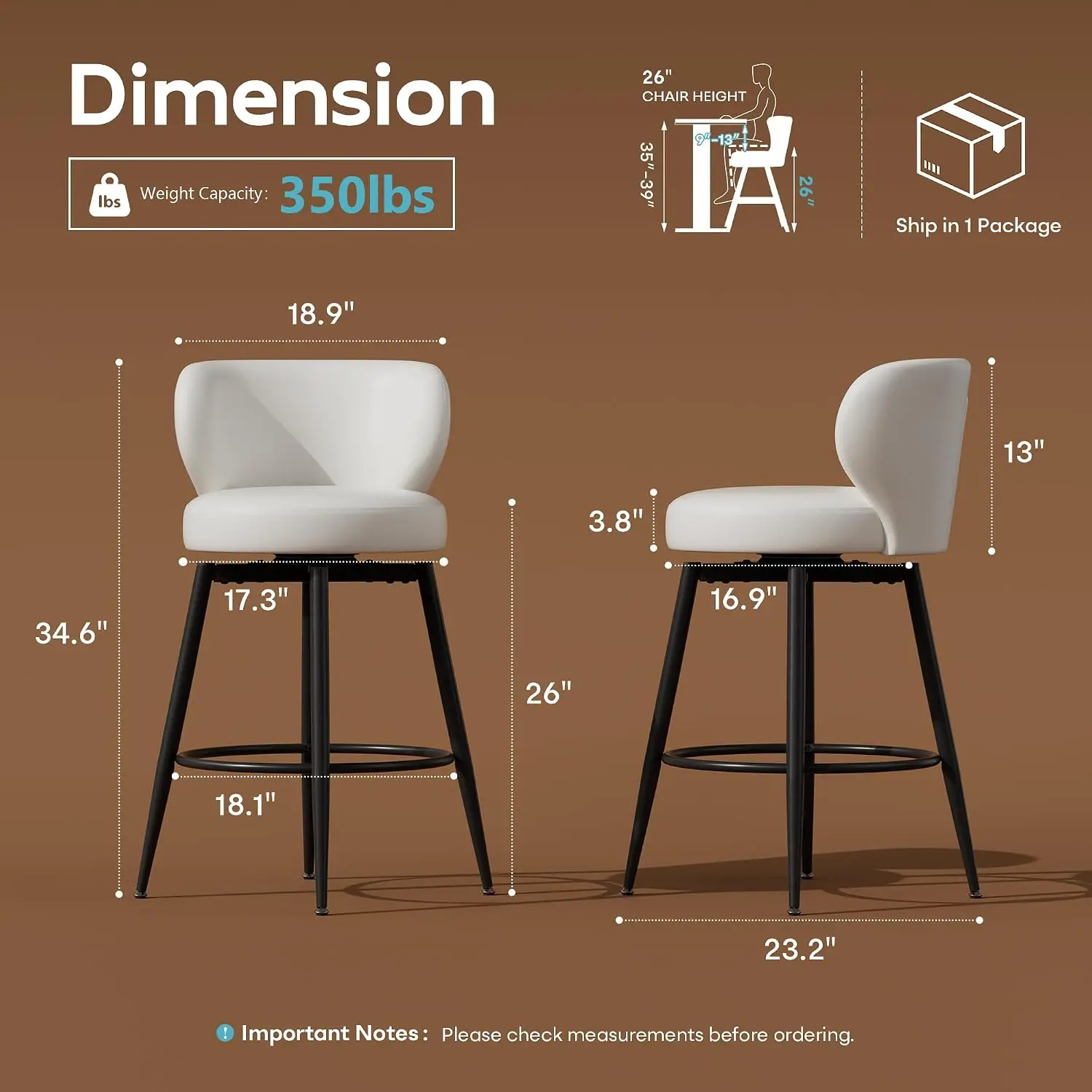 26" White Bar Stools Set of 2, Swivel Kitchen Island Chairs, Upholstered Winged Backrest, 360° Silent Swivel, 350lbs Capacity, Fits 35"-39" Bars