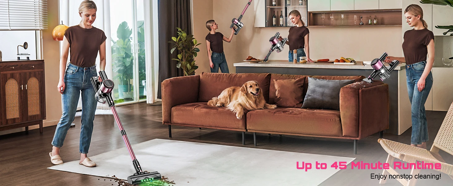 Cordless Vacuum Cleaner, 55KPa Powerful Suction, 45Mins Runtime, Self-Standing Stick Vacuum with 1.5L Dust Cup, 3 Suction Modes for Home Floor,Pet Hair and Carpet