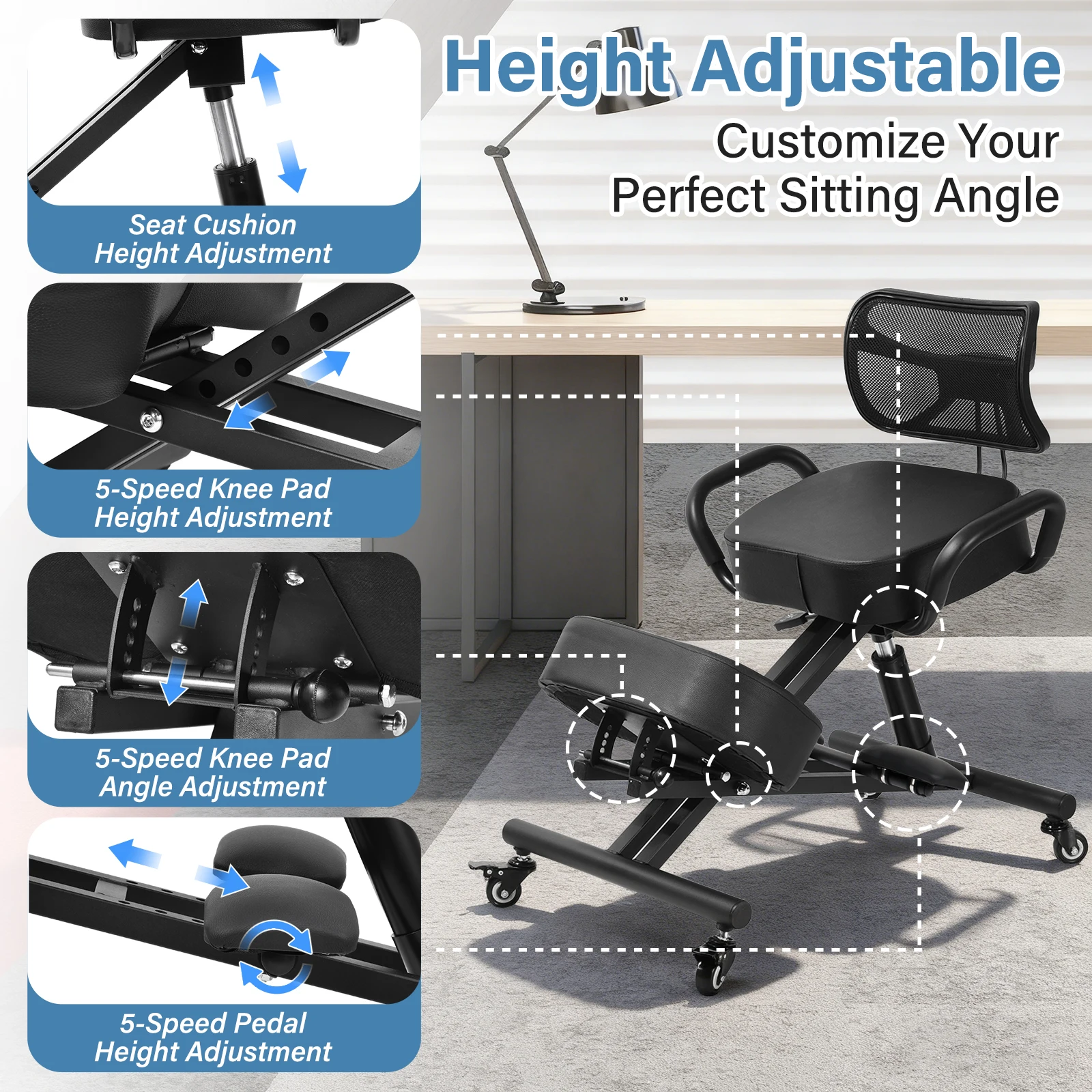 Has Pedals Kneeling Chair with Back Support Ergonomic Multifunctional 198 Lbs Capacity, Kneeling Stool, for Men Women Adults Home Office Study Living Room Meditation