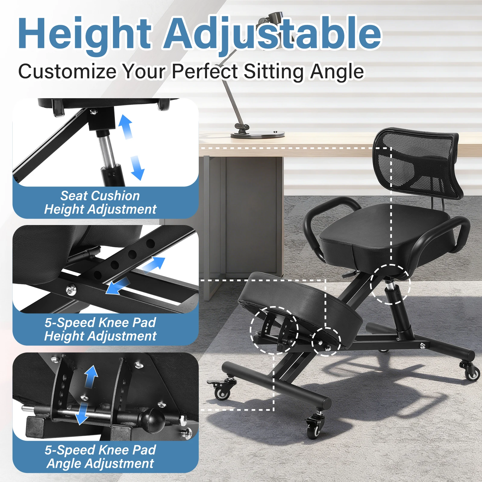 Has Pedals Kneeling Chair with Back Support Ergonomic Multifunctional 198 Lbs Capacity, Kneeling Stool, for Men Women Adults Home Office Study Living Room Meditation