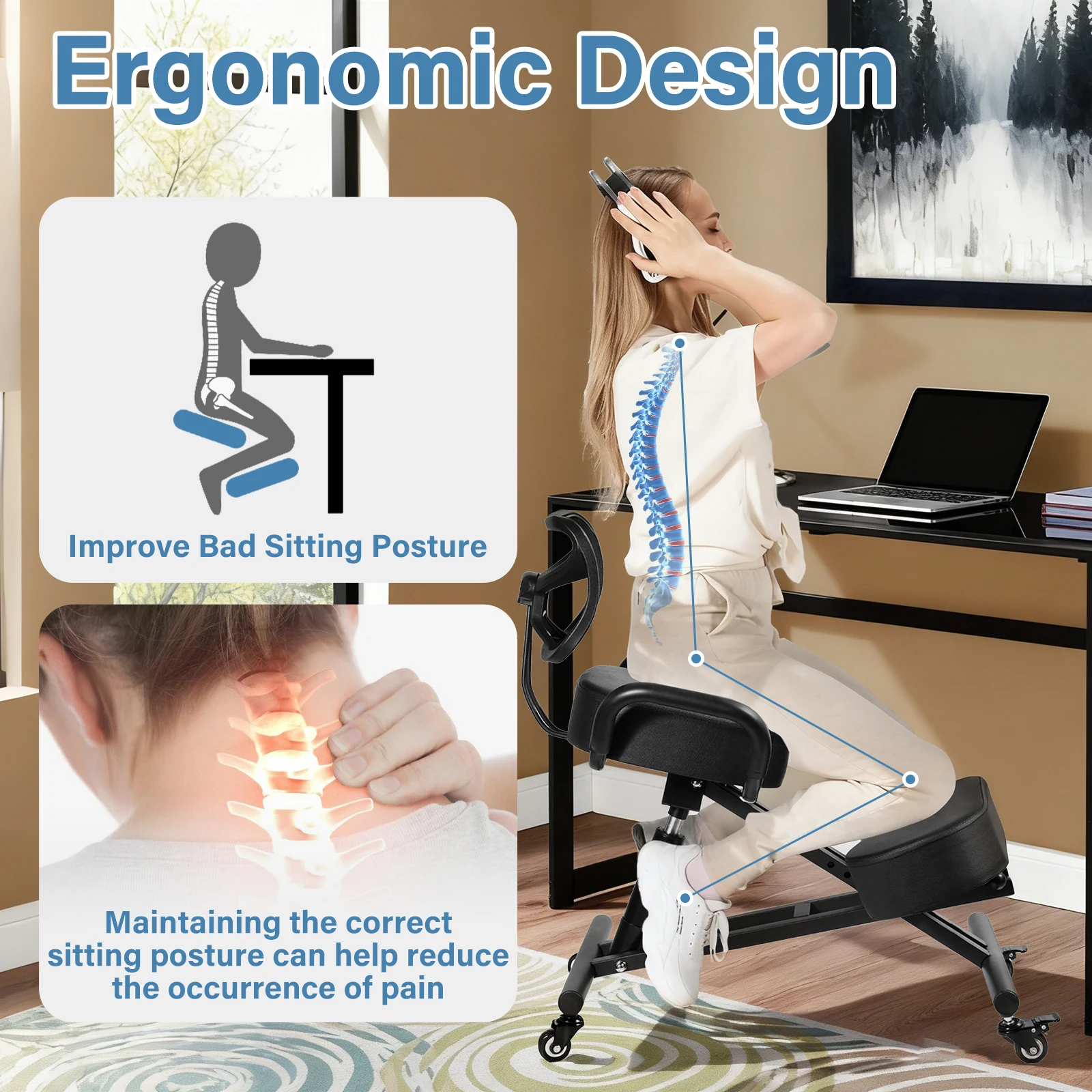 Has Pedals Kneeling Chair with Back Support Ergonomic Multifunctional 198 Lbs Capacity, Kneeling Stool, for Men Women Adults Home Office Study Living Room Meditation