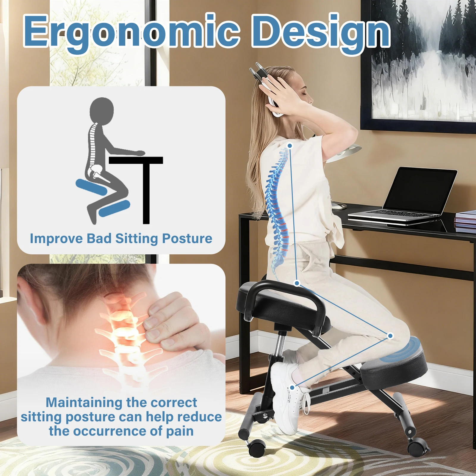 Has Pedals Kneeling Chair with Back Support Ergonomic Multifunctional 198 Lbs Capacity, Kneeling Stool, for Men Women Adults Home Office Study Living Room Meditation