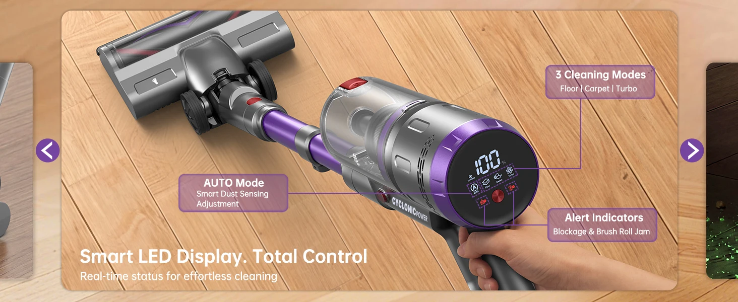Lightweight Cordless Vacuum 650W/60Kpa/80 Mins Running Time Auto Suction Adjust HEPA Filter LED Display Handhelp Hoover Multi Attachments 2.5 Hours Charging Time for Hardwood Carpet Pet Hair Home Car Cleaning