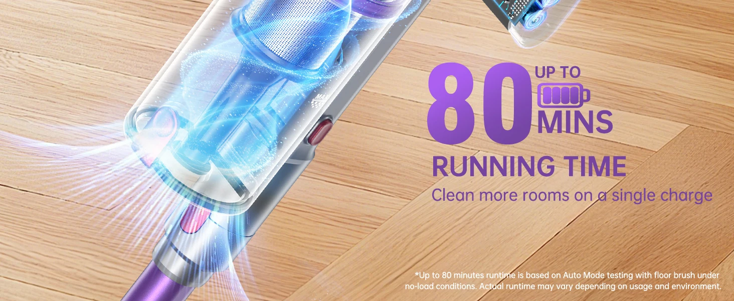 Lightweight Cordless Vacuum 650W/60Kpa/80 Mins Running Time Auto Suction Adjust HEPA Filter LED Display Handhelp Hoover Multi Attachments 2.5 Hours Charging Time for Hardwood Carpet Pet Hair Home Car Cleaning