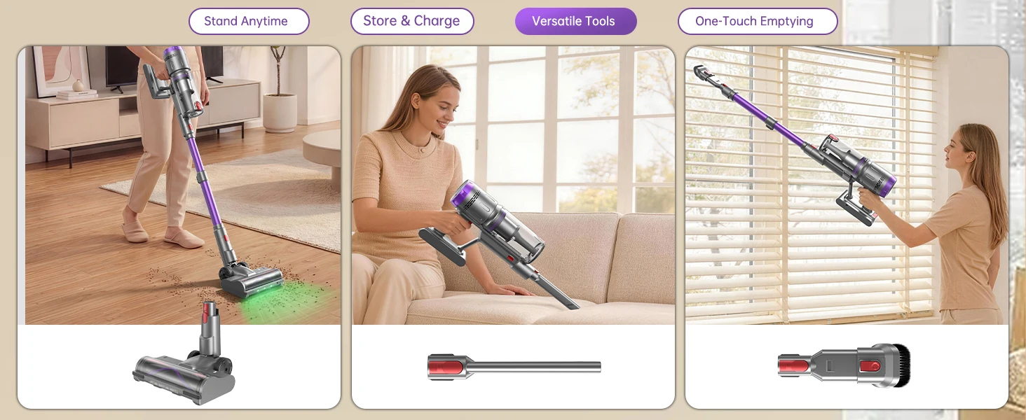 Lightweight Cordless Vacuum 650W/60Kpa/80 Mins Running Time Auto Suction Adjust HEPA Filter LED Display Handhelp Hoover Multi Attachments 2.5 Hours Charging Time for Hardwood Carpet Pet Hair Home Car Cleaning