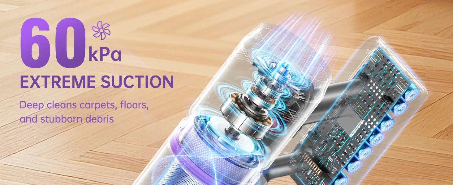 Lightweight Cordless Vacuum 650W/60Kpa/80 Mins Running Time Auto Suction Adjust HEPA Filter LED Display Handhelp Hoover Multi Attachments 2.5 Hours Charging Time for Hardwood Carpet Pet Hair Home Car Cleaning