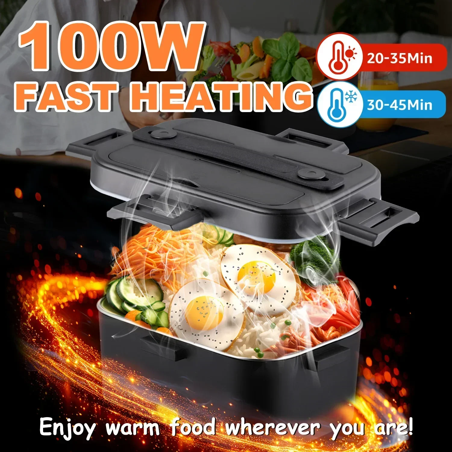 Electric Heated Lunch Box 110V for Home Office, Portable Food Warmer, 304 Stainless Steel Heating Lunch Container, No Microwave Needed, Leakproof Thermal Lunchbox for Adults Work