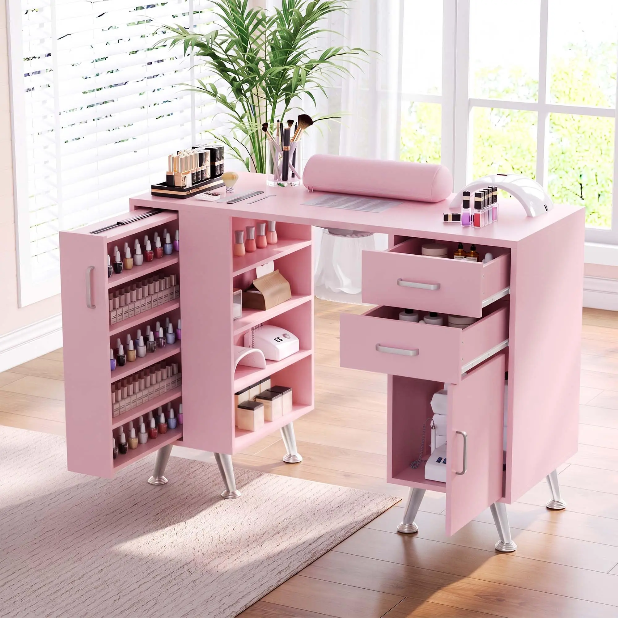 Nail Technician Desk With Dust Collector, Manicure Table With 2 Drawers, Cabinet, Pull Out Shelf & Wrist Rest For Salon Spa Home