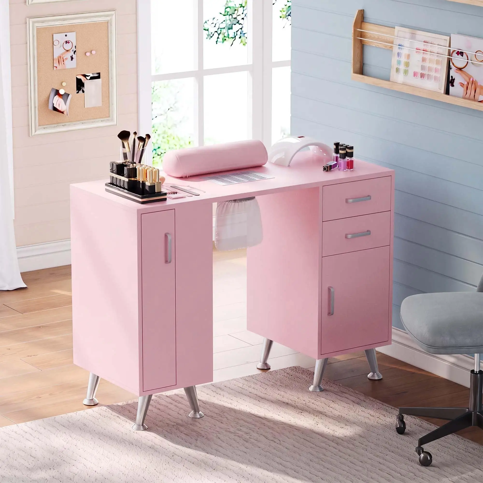 Nail Technician Desk With Dust Collector, Manicure Table With 2 Drawers, Cabinet, Pull Out Shelf & Wrist Rest For Salon Spa Home