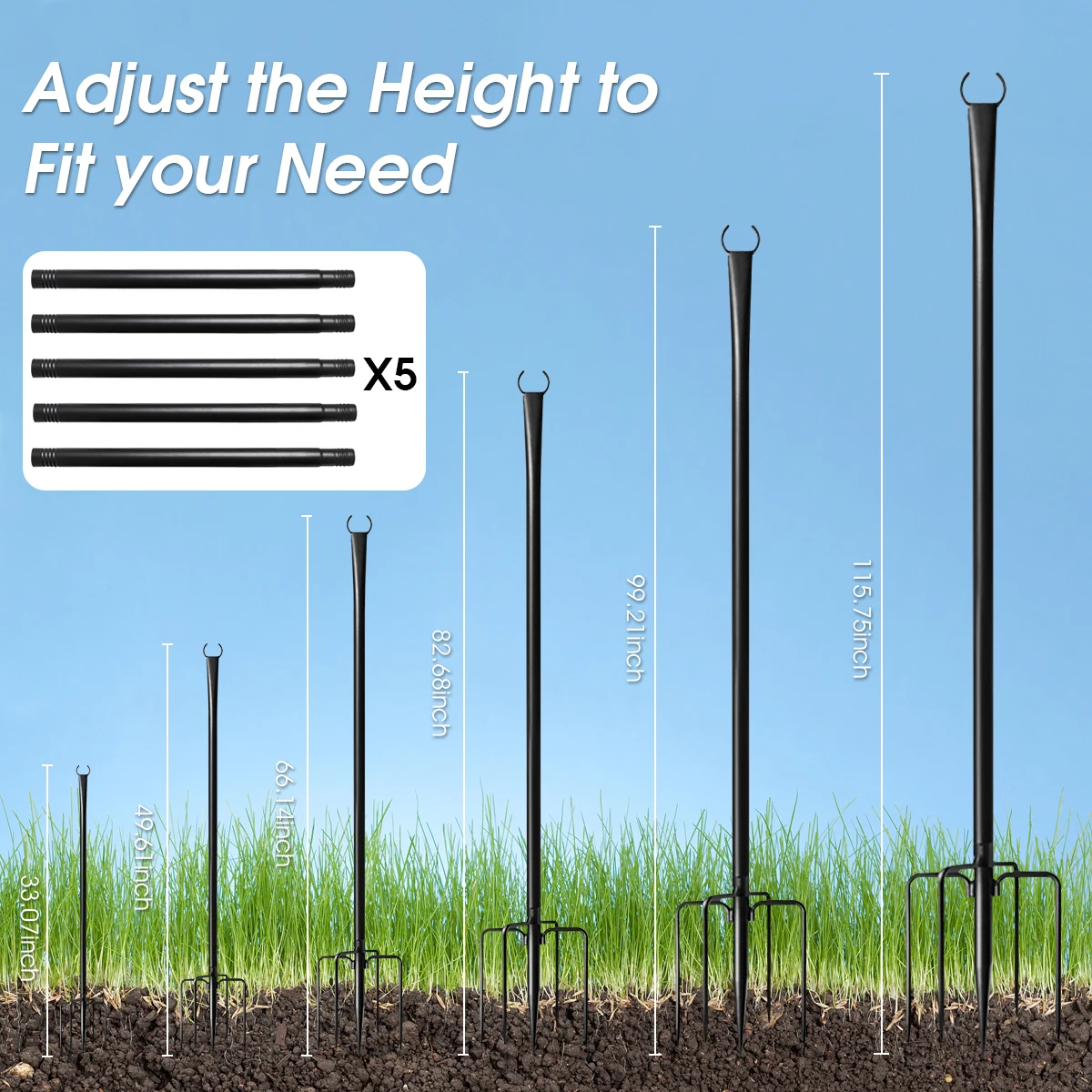 10Ft Metal String Light Poles with Fork, Waterproof Heavy-Duty Adjustable Hanging Lighting Stand for Patio Backyar Decor