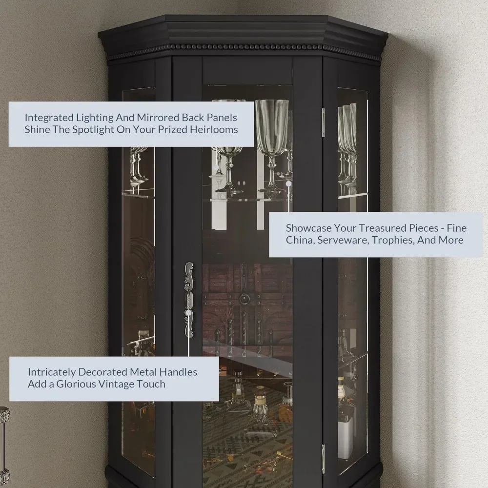 Lighted Three-sided Glass Display Cabinet with Tempered Glass Doors and Shelves, Wooden Corner Cabinet with Light Bulbs