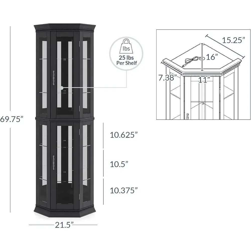 Lighted Three-sided Glass Display Cabinet with Tempered Glass Doors and Shelves, Wooden Corner Cabinet with Light Bulbs