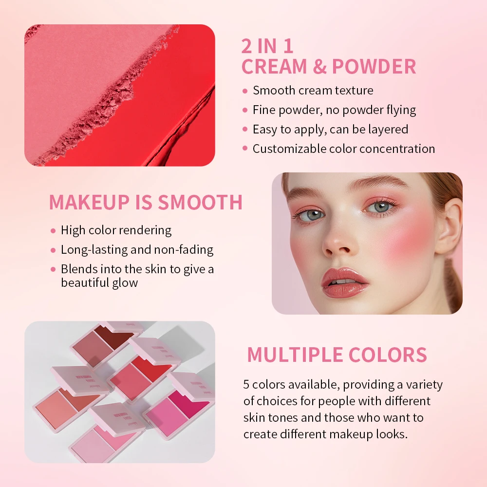 Lakerain Blush Cream Long Lasting High Pigmented Natural Pink Smooth Texture 2 IN 1 Cream & Powder Blusher Korean Makeup