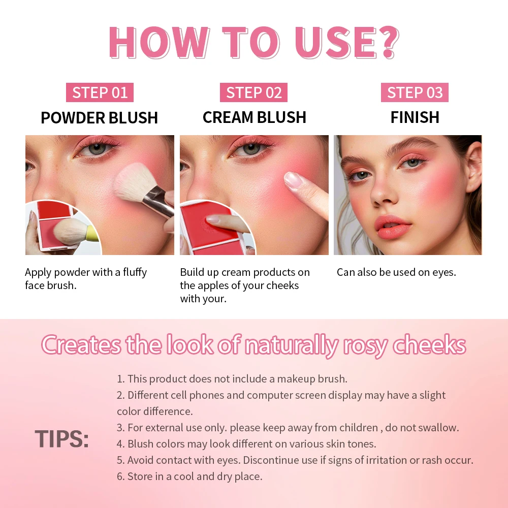 Lakerain Blush Cream Long Lasting High Pigmented Natural Pink Smooth Texture 2 IN 1 Cream & Powder Blusher Korean Makeup