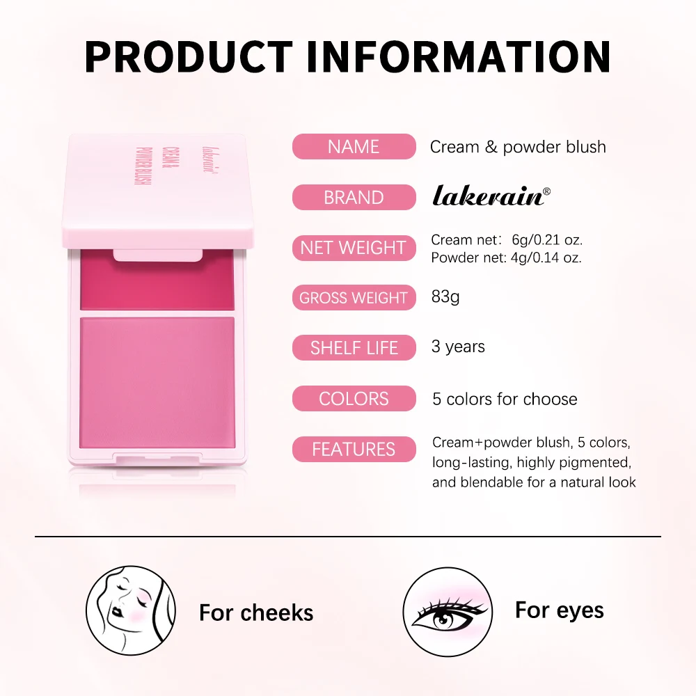 Lakerain Blush Cream Long Lasting High Pigmented Natural Pink Smooth Texture 2 IN 1 Cream & Powder Blusher Korean Makeup