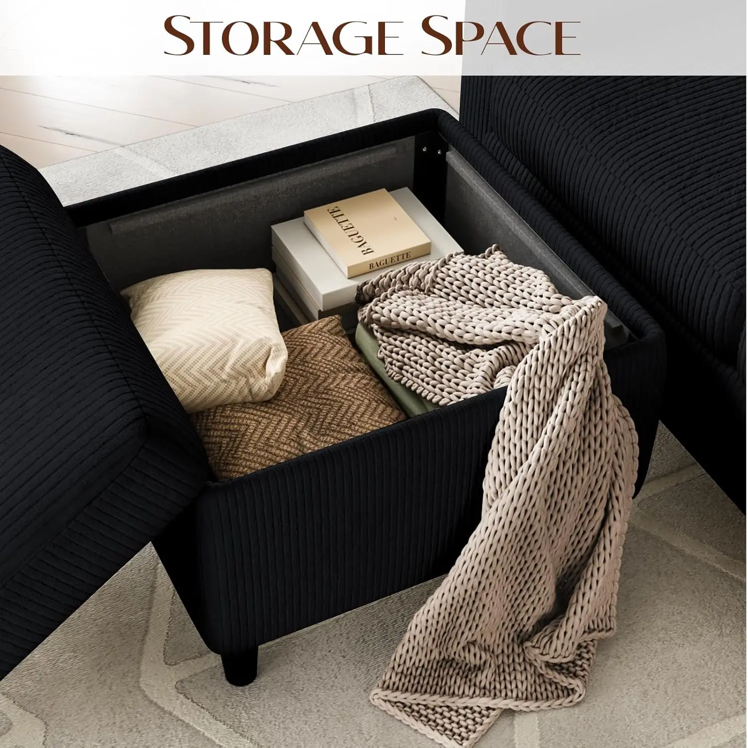 Convertible Sectional Couches for Living Room, 3 Seats L Shaped Sofa with Storage Ottoman & 2 Cup Holders, Modern, Customized