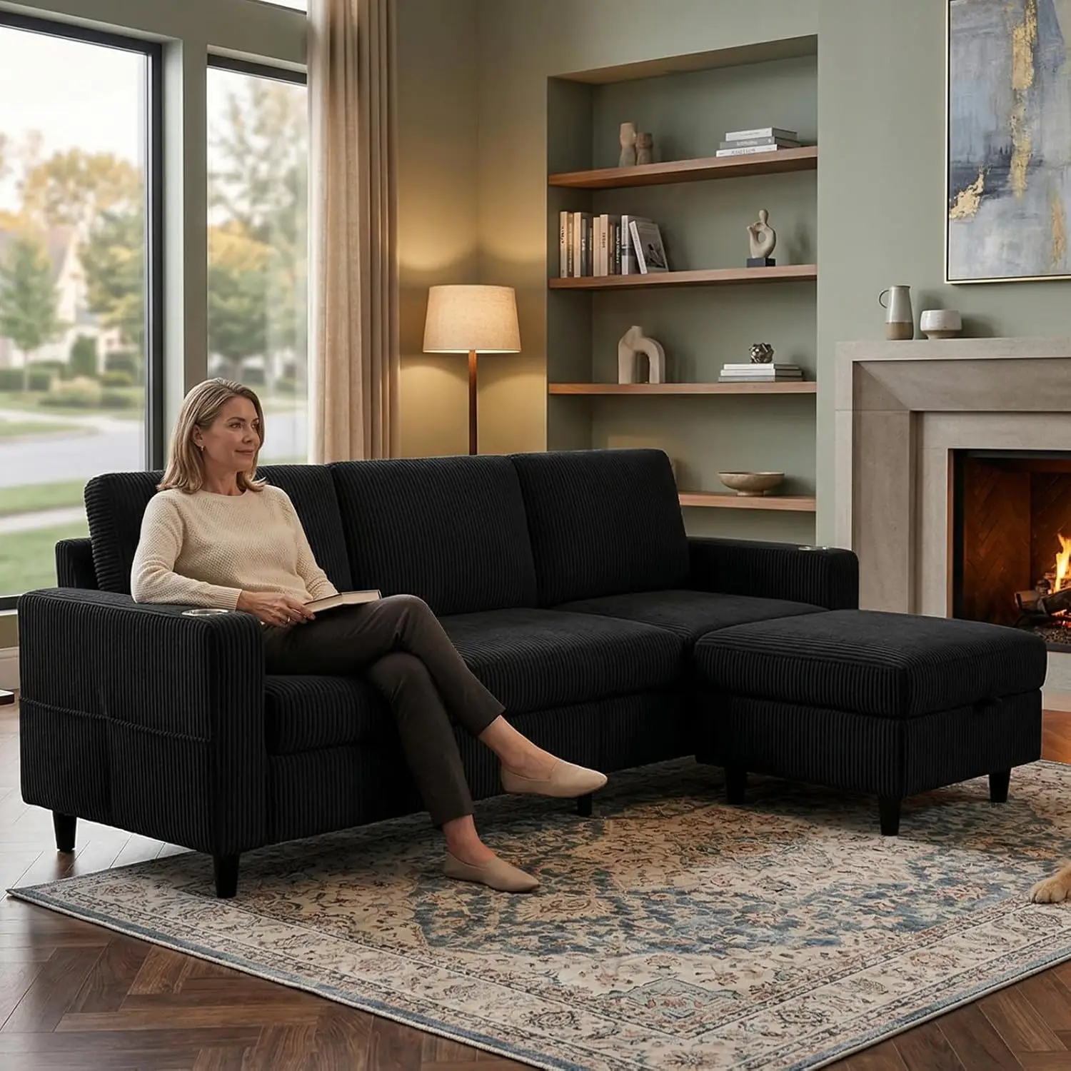 Convertible Sectional Couches for Living Room, 3 Seats L Shaped Sofa with Storage Ottoman & 2 Cup Holders, Modern, Customized