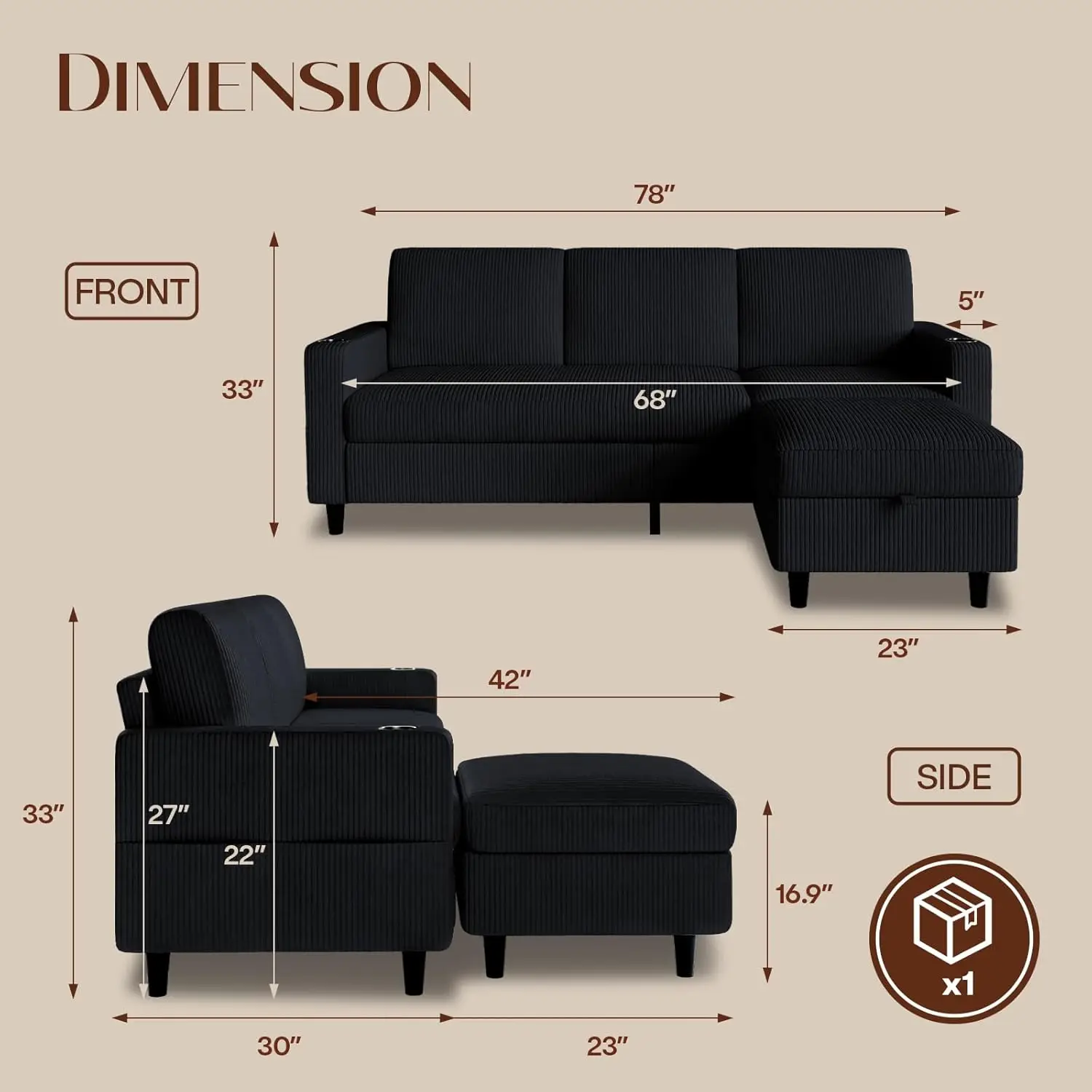 Convertible Sectional Couches for Living Room, 3 Seats L Shaped Sofa with Storage Ottoman & 2 Cup Holders, Modern, Customized