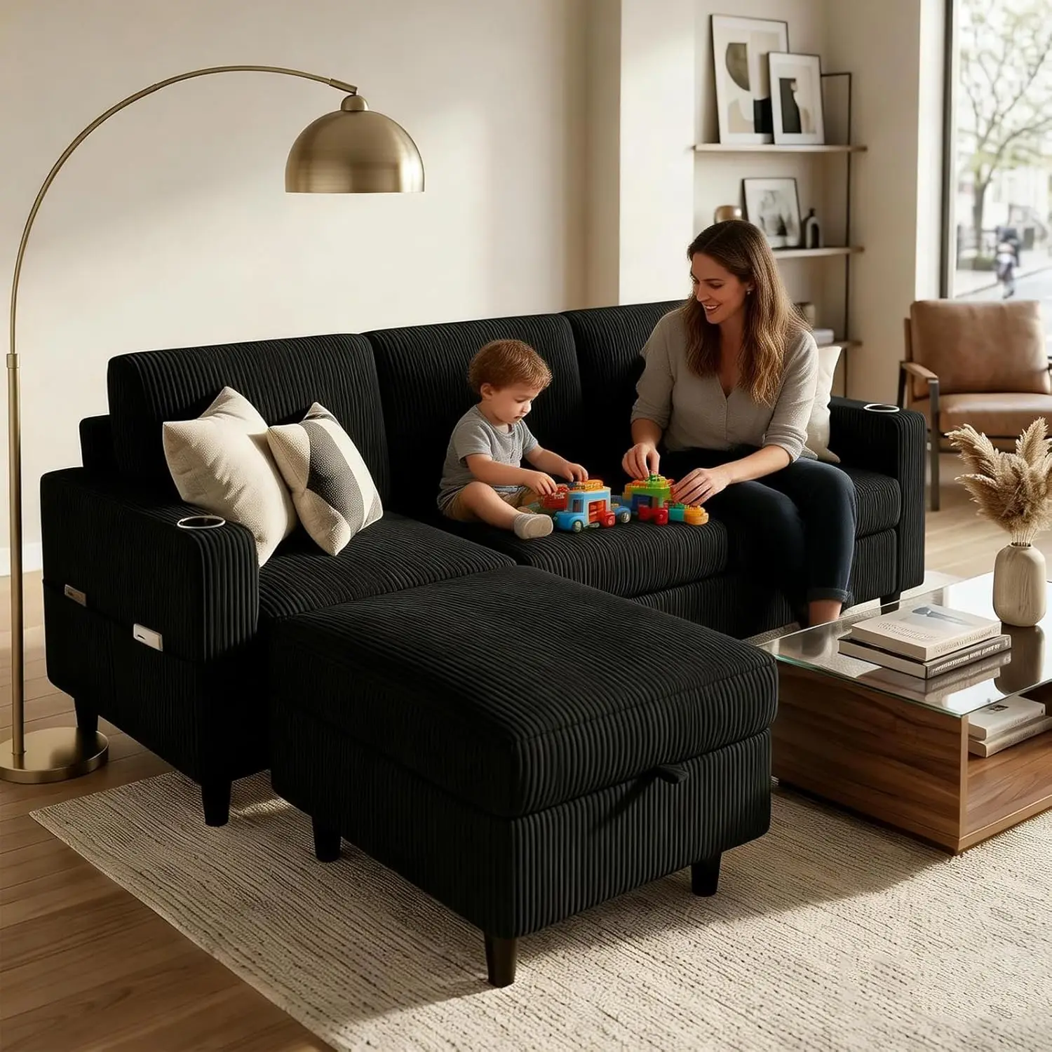 Convertible Sectional Couches for Living Room, 3 Seats L Shaped Sofa with Storage Ottoman & 2 Cup Holders, Modern, Customized