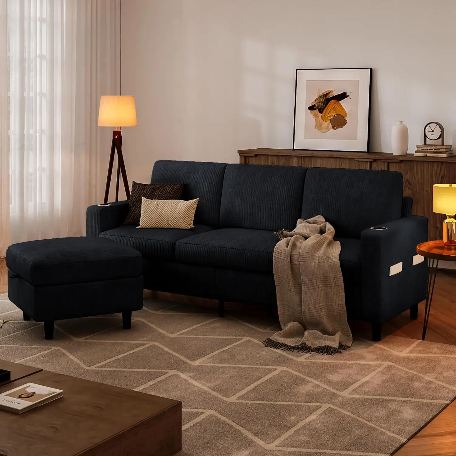 Convertible Sectional Couches for Living Room, 3 Seats L Shaped Sofa with Storage Ottoman & 2 Cup Holders, Modern, Customized