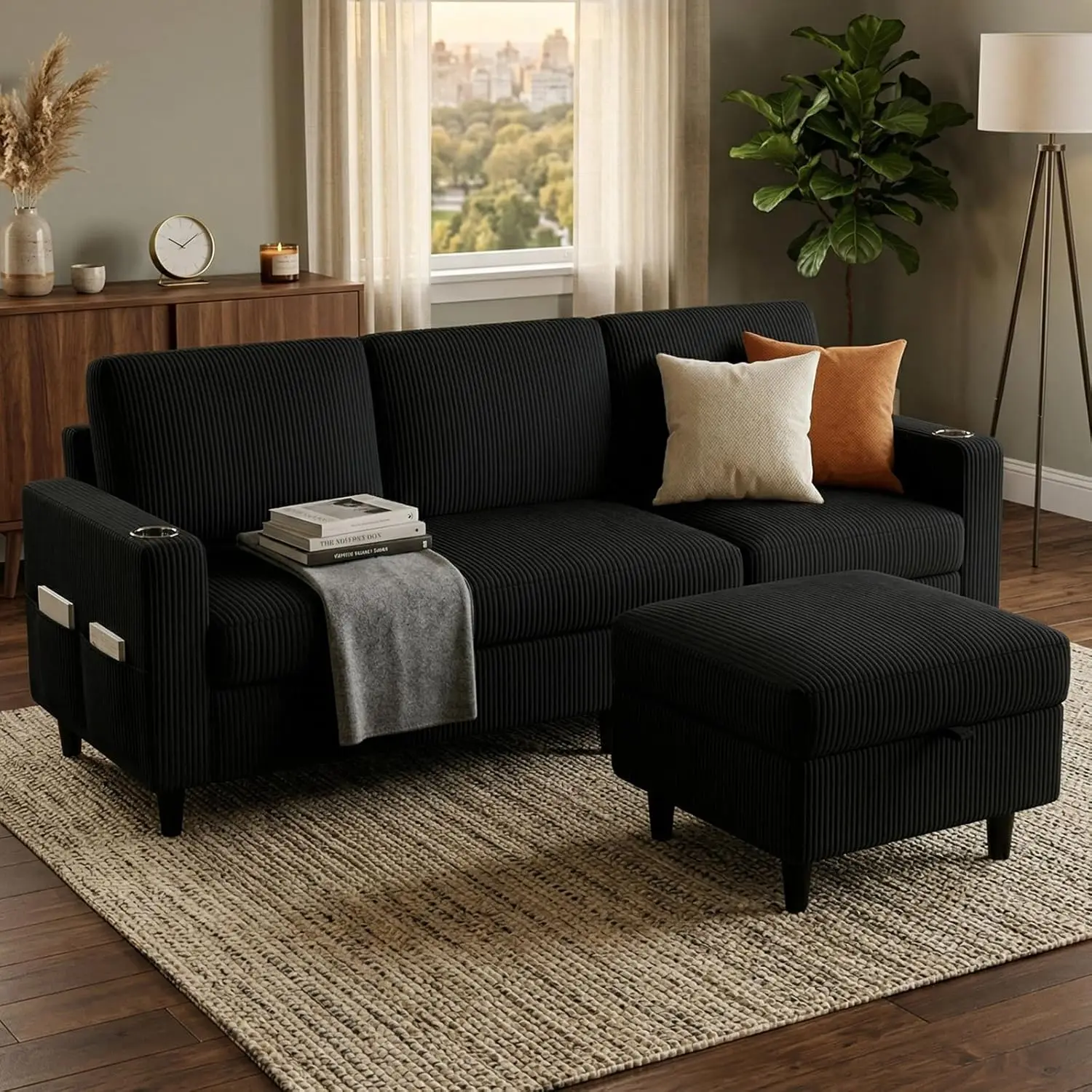 Convertible Sectional Couches for Living Room, 3 Seats L Shaped Sofa with Storage Ottoman & 2 Cup Holders, Modern, Customized