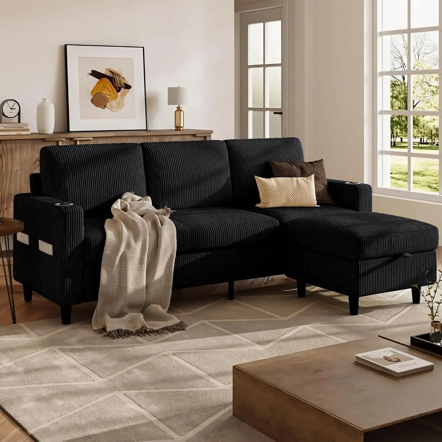 Convertible Sectional Couches for Living Room, 3 Seats L Shaped Sofa with Storage Ottoman & 2 Cup Holders, Modern, Customized