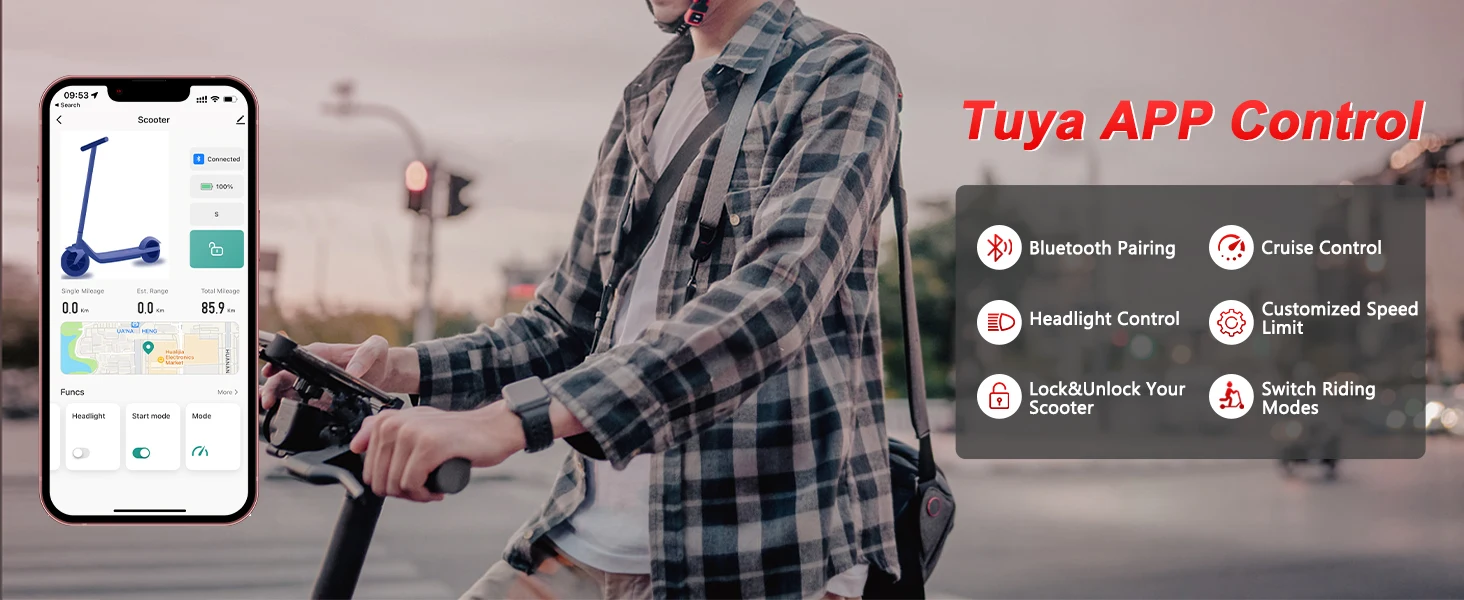 10”Honeycomb Tires Electric Scooter 42V 10.5Ah Battery 22MPH Max Speed 22Miles Max Range Dual Braking & Suspension APP Control