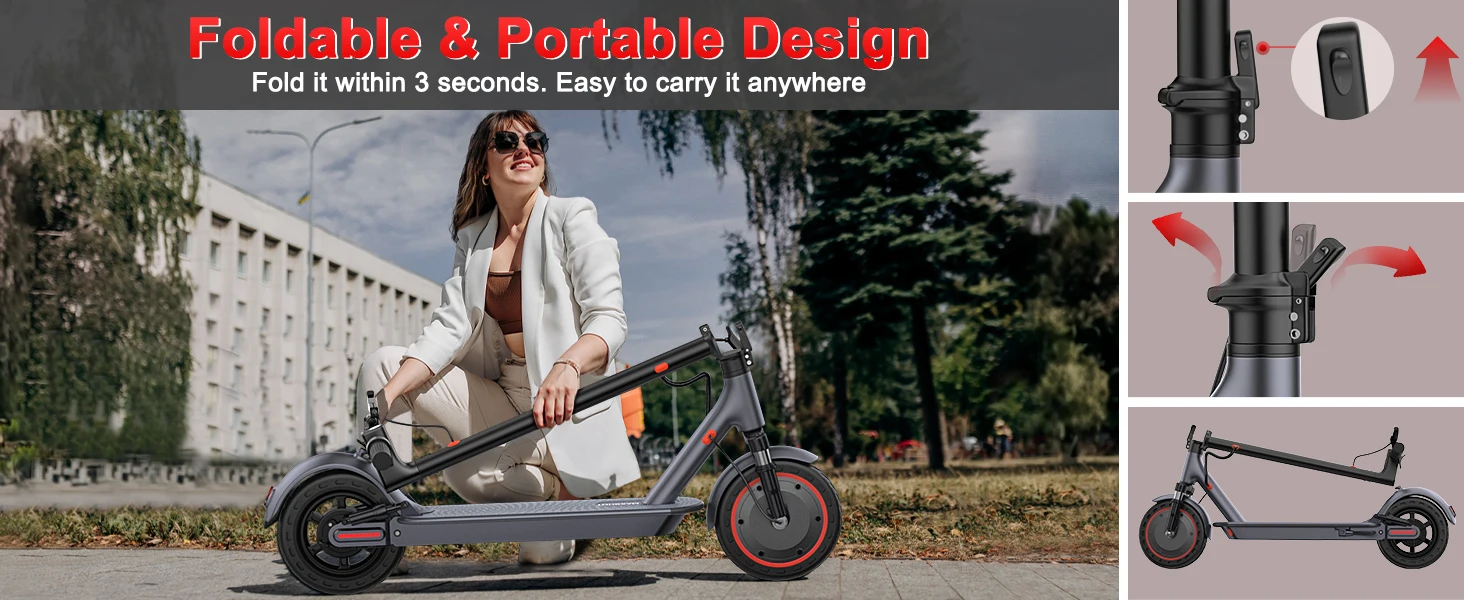 10”Honeycomb Tires Electric Scooter 42V 10.5Ah Battery 22MPH Max Speed 22Miles Max Range Dual Braking & Suspension APP Control
