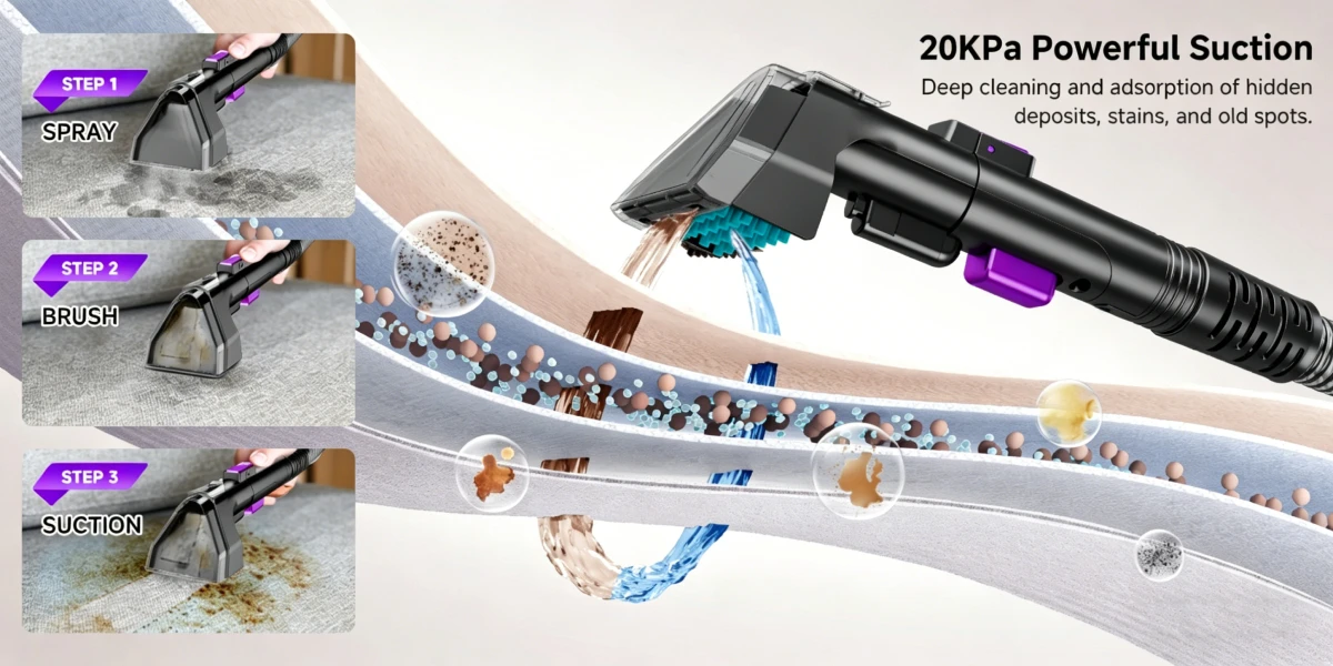 Honki 530W Carpet Cleaner Machine 20KPa Strong Suction Handheld Multifunctional Cleaner for Pet Hair Upholstery Sofa Mat Bed Self-cleaning Energy-saving Portable Wet and Dry Deep Cleaning Appliances