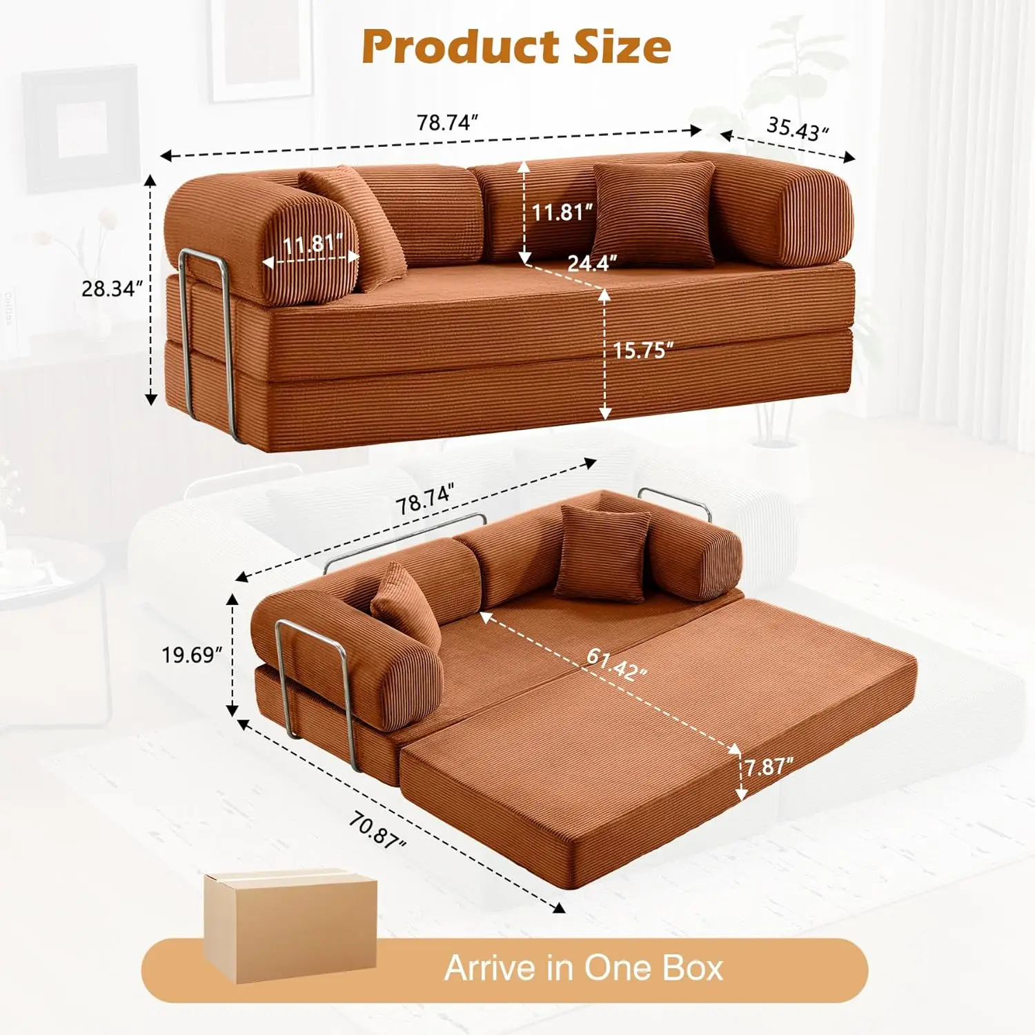 Sofa Bed, 79" Convertible Sleeper Sofa with Pull Out Bed, 5-in-1 Folding Corduroy Futon Couch, Modular Loveseat, Customized