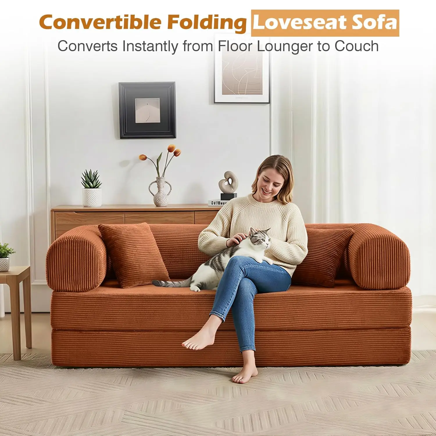 Sofa Bed, 79" Convertible Sleeper Sofa with Pull Out Bed, 5-in-1 Folding Corduroy Futon Couch, Modular Loveseat, Customized