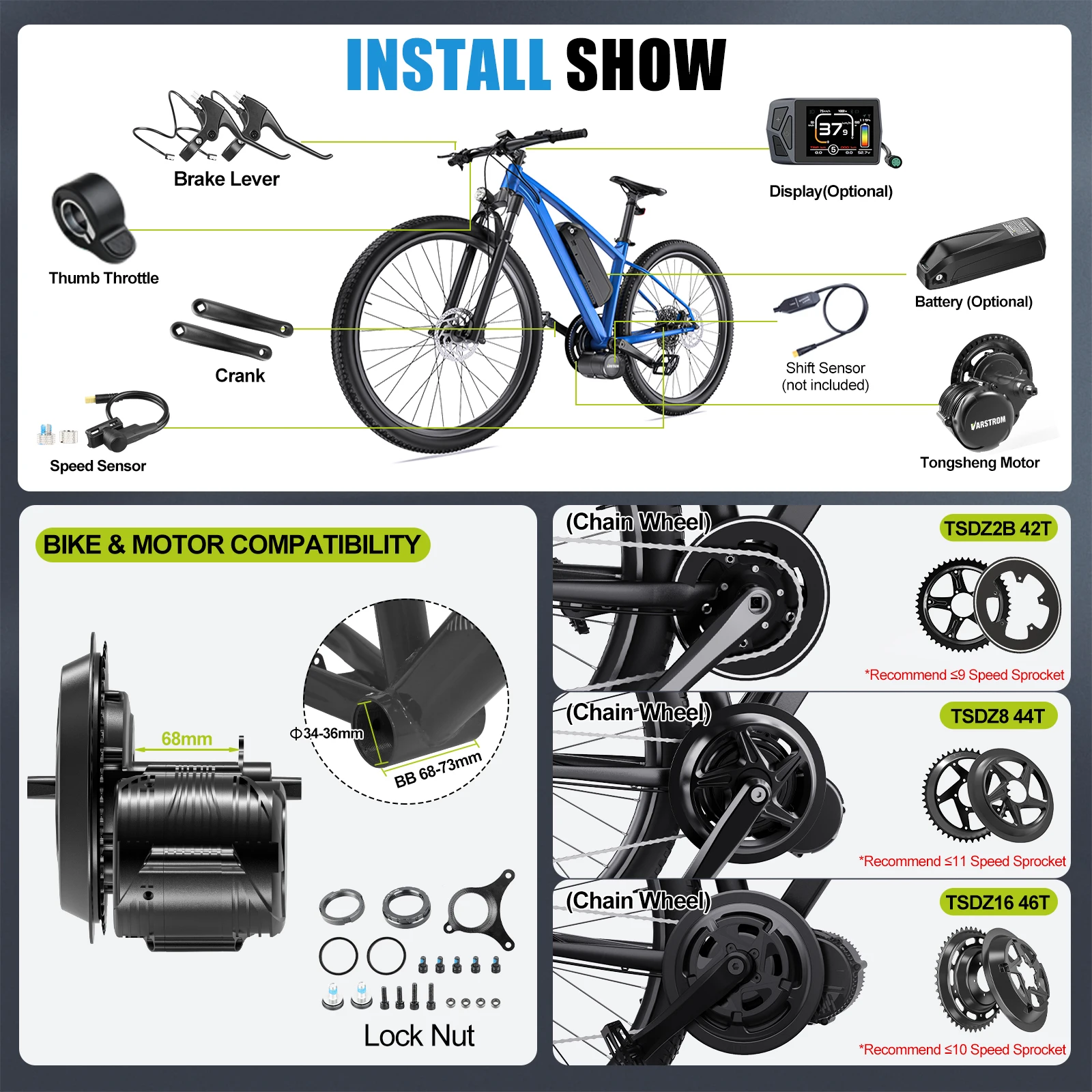 [USA Stock ] Tongsheng 750W TSDZ8 TSDZ16 1000W TSDZ2B 250W 500W Mid Drive Motor Torque Sensor EBike kits Conversion Bike Engine