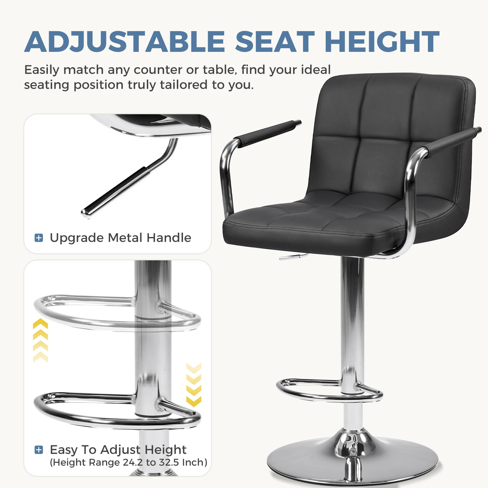 JHK Ergonomic Padded Armrests PU Leather Adjustable Swivel Office Chair Counter Height Thickened Seat Cushion with Back Chair
