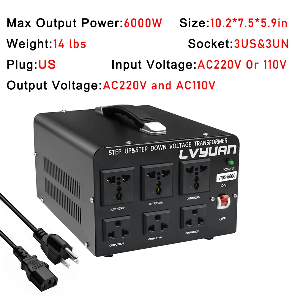 LVYUAN 700W/3500W/6000W Voltage Transformer AC 110V to 220V Or 220V to 110V Step Up&Down Converter US Standard Power Cord