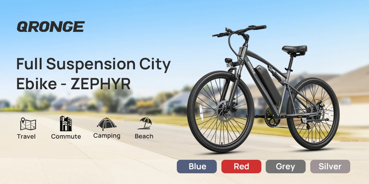 QRONGE Zephyr Electric Bike for Adults 1000W Peak Motor 486Wh Battery Mountain Electric Bicycle 26'' Tire Full Suspension E-bike