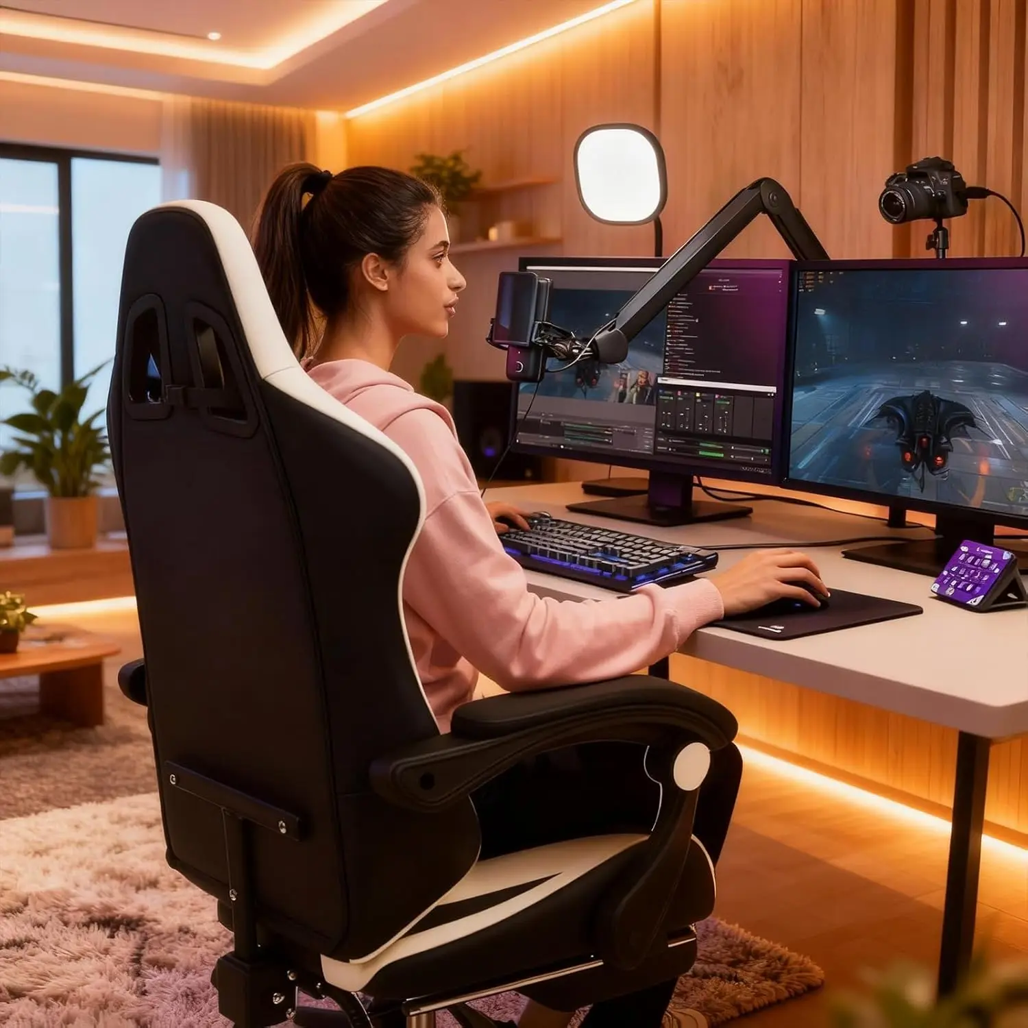 Computer Gaming Chair, Ergonomic Gaming Chair, Leather Office Chairs with Foot Rest, Back Recliner Height Adjustable White+Black