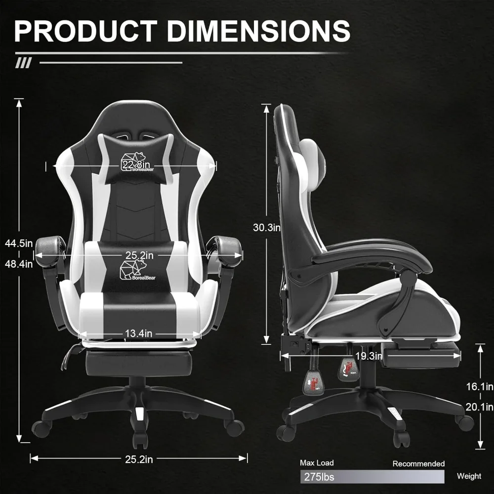 Computer Gaming Chair, Ergonomic Gaming Chair, Leather Office Chairs with Foot Rest, Back Recliner Height Adjustable White+Black