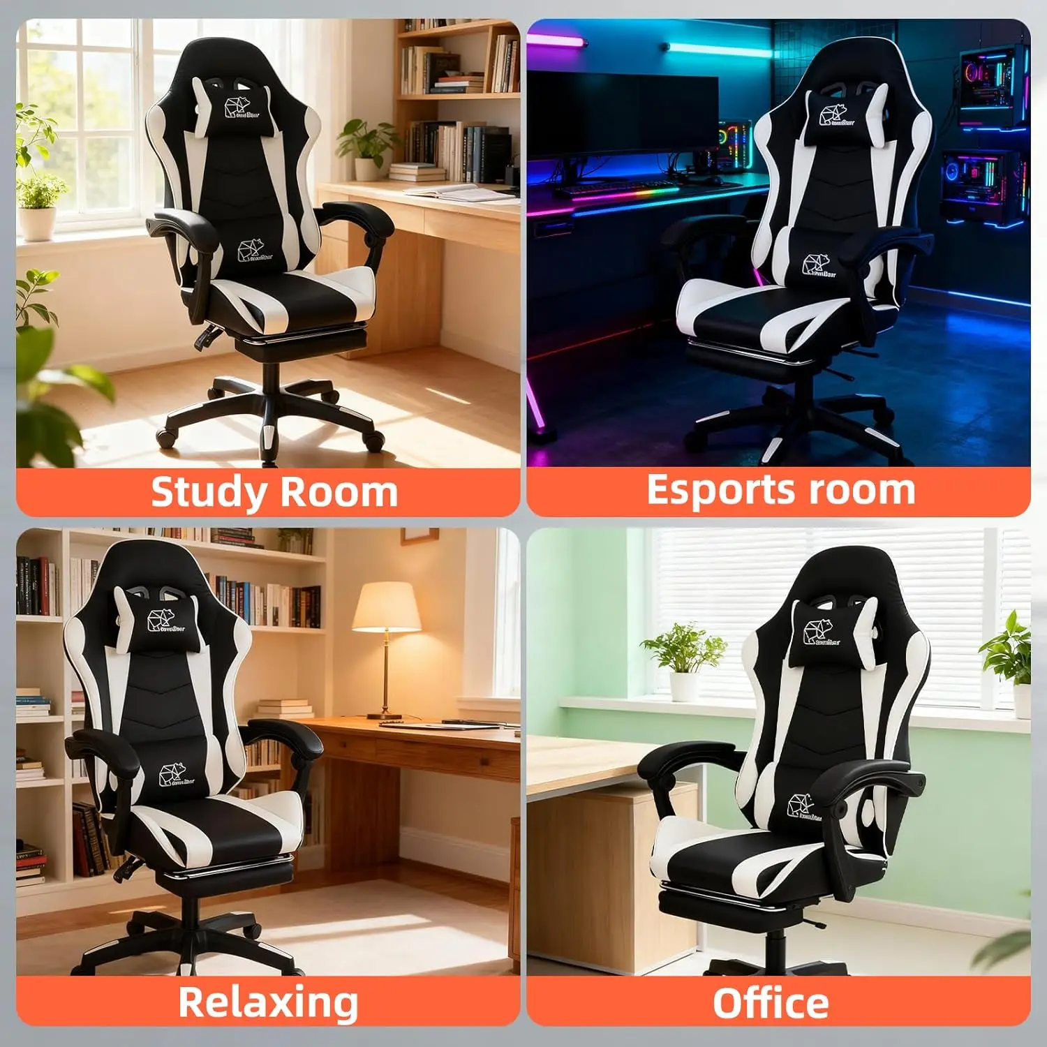 Computer Gaming Chair, Ergonomic Gaming Chair, Leather Office Chairs with Foot Rest, Back Recliner Height Adjustable White+Black