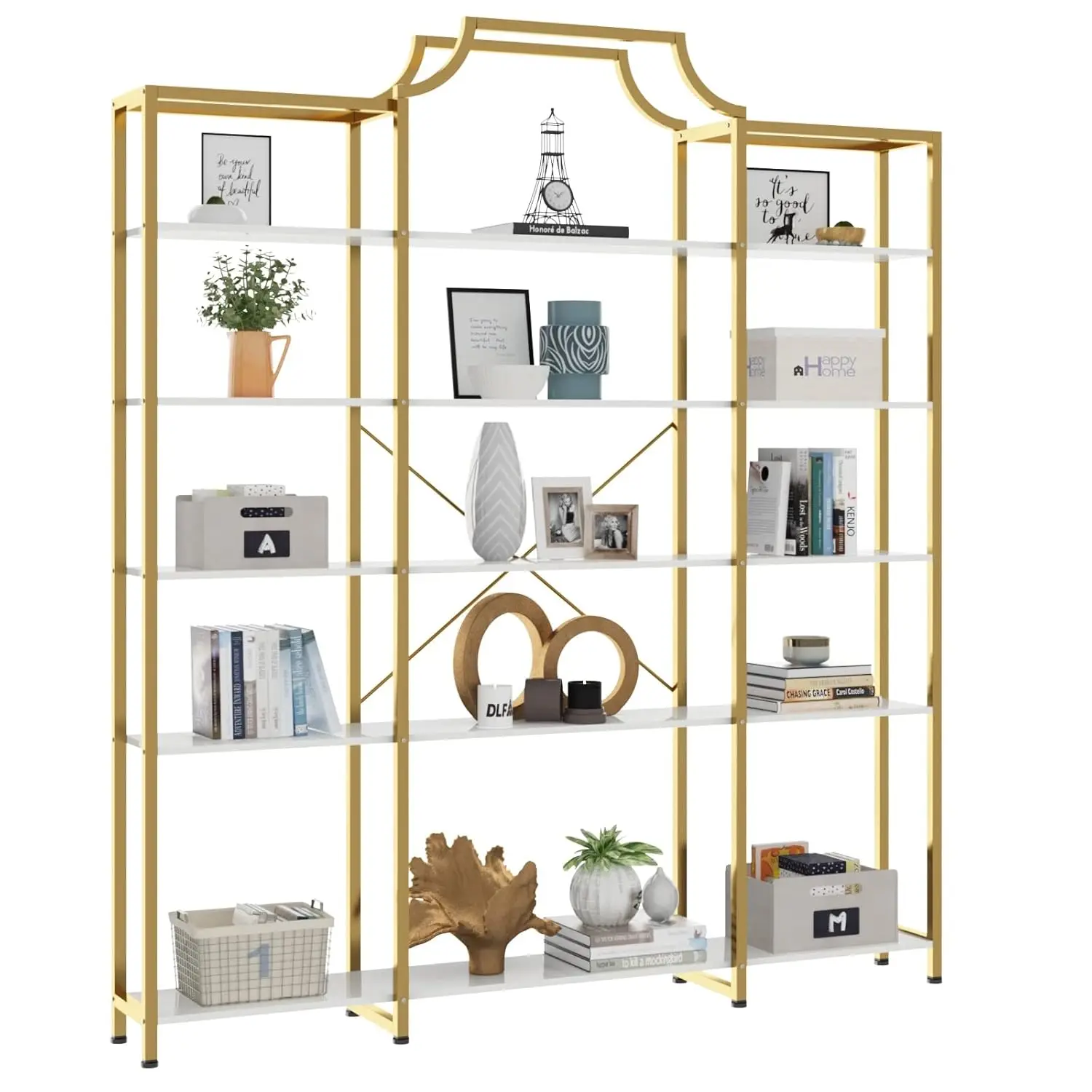 Extra Wide 5-Tier Bookshelf 70.87in Large Gold Bookcase Metal Frame Tall Display Storage for Home Office, Customized