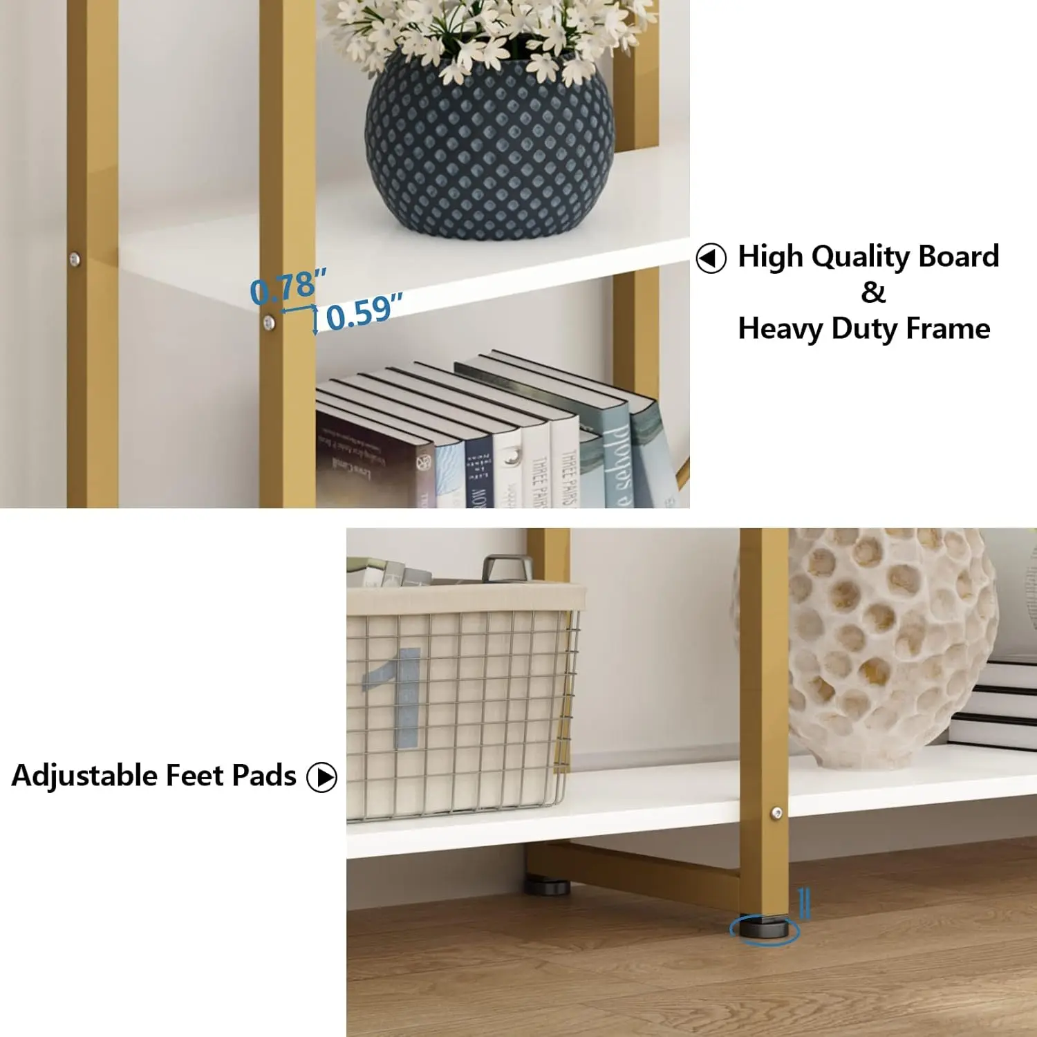 Extra Wide 5-Tier Bookshelf 70.87in Large Gold Bookcase Metal Frame Tall Display Storage for Home Office, Customized