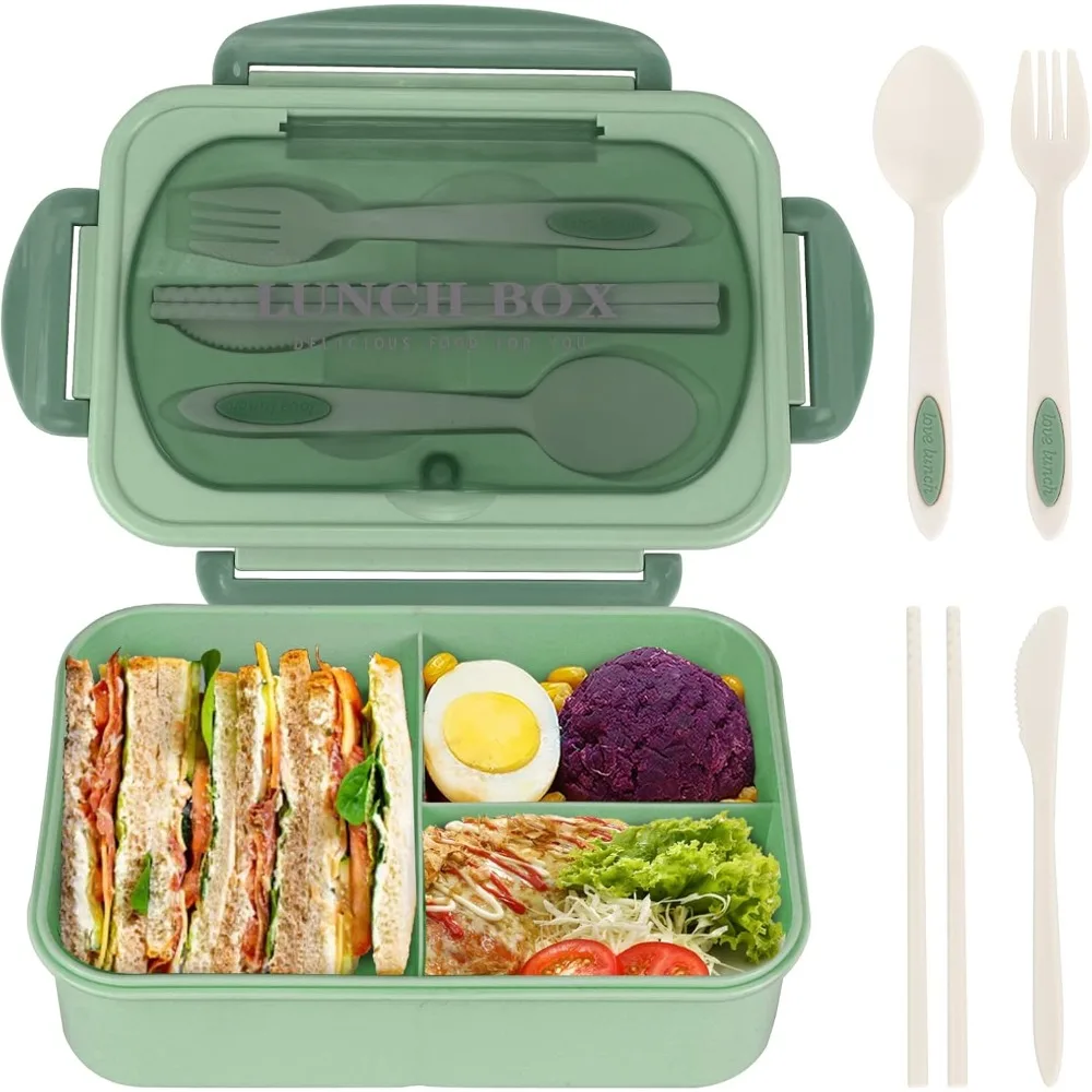 1200ML Bento Lunch Box For Adults Office Picnic, Leak-Resistant Container With Utensils, 3 Sections, Microwave-Safe 
